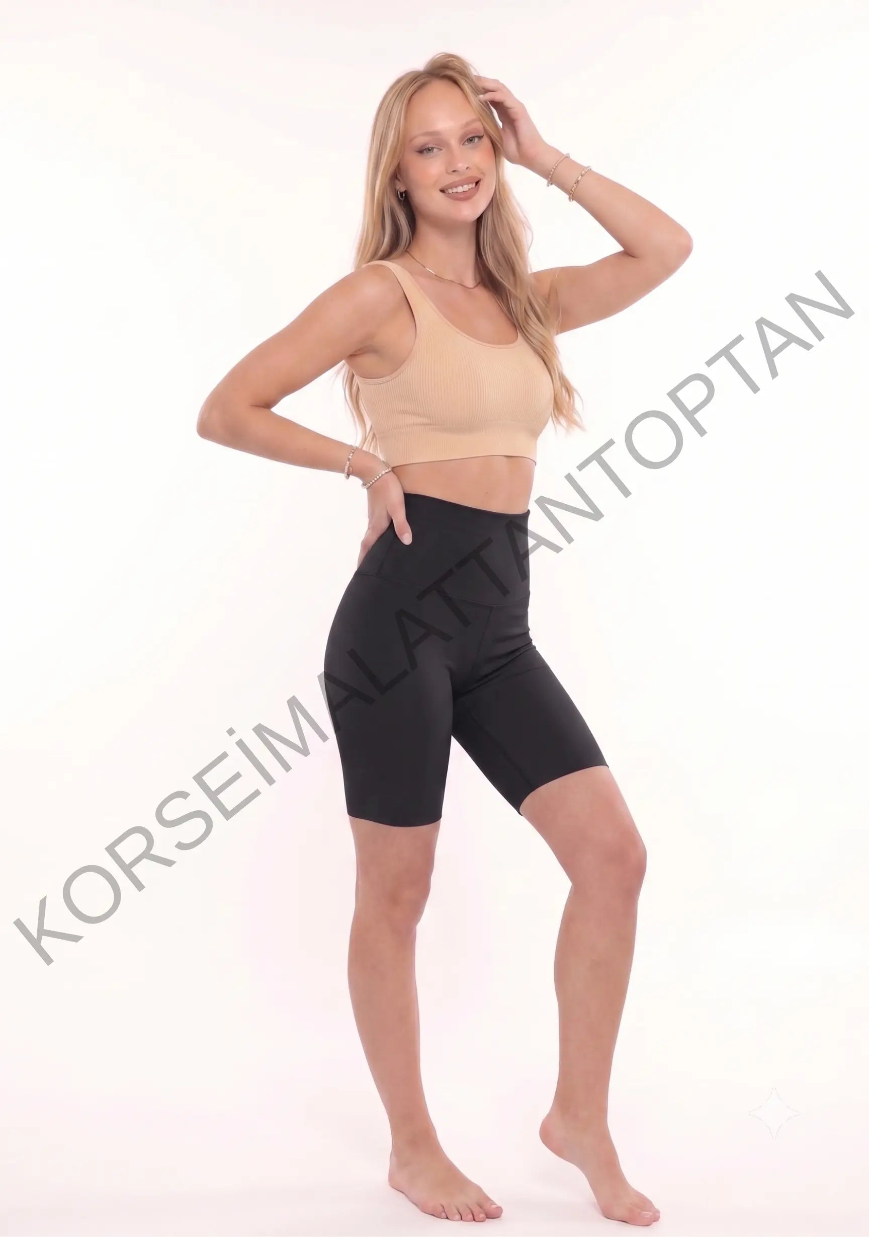 Toptan push up şort korse siyah - yüksek bel toparlayıcı diz üstü paçalı