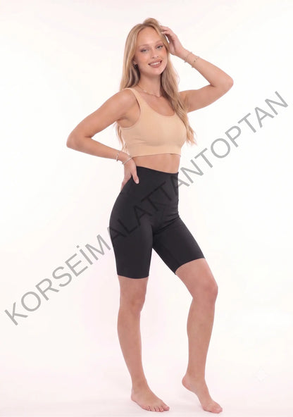 Toptan push up şort korse siyah - yüksek bel toparlayıcı diz üstü paçalı